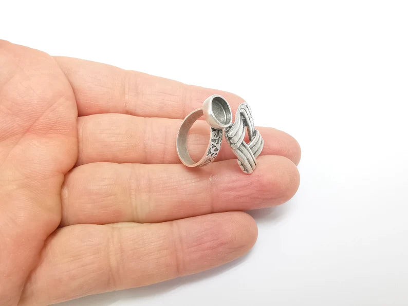 Silver Ring Setting, Cabochon Blank, Resin Bezel, Round Ring Mounting, Epoxy Frame Base, Adjustable Antique Silver Plated Brass 8mm G35242