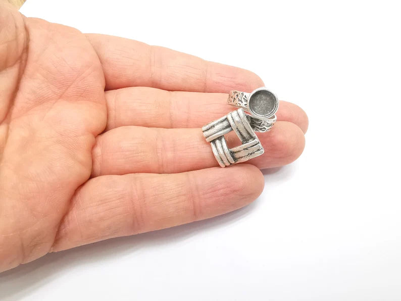 Silver Ring Setting, Cabochon Blank, Resin Bezel, Round Ring Mounting, Epoxy Frame Base, Adjustable Antique Silver Plated Brass 8mm G35242