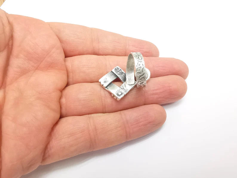 Silver Ring Setting, Cabochon Blank, Resin Bezel, Round Ring Mounting, Epoxy Frame Base, Adjustable Antique Silver Plated Brass 8mm G35242