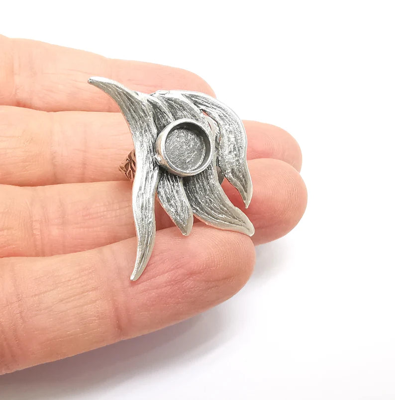 Silver Ring Setting, Cabochon Blank, Resin Bezel, Round Ring Mounting, Epoxy Frame Base, Adjustable Antique Silver Plated Brass 8mm G35243