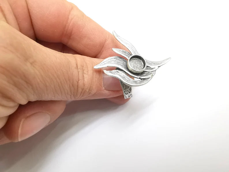 Silver Ring Setting, Cabochon Blank, Resin Bezel, Round Ring Mounting, Epoxy Frame Base, Adjustable Antique Silver Plated Brass 8mm G35243