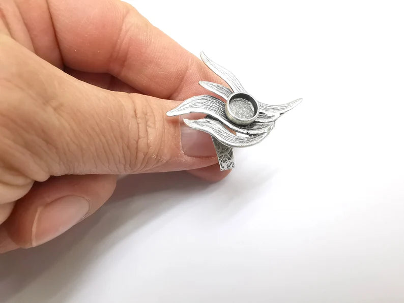 Silver Ring Setting, Cabochon Blank, Resin Bezel, Round Ring Mounting, Epoxy Frame Base, Adjustable Antique Silver Plated Brass 8mm G35243