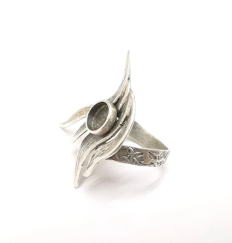 Silver Ring Setting, Cabochon Blank, Resin Bezel, Round Ring Mounting, Epoxy Frame Base, Adjustable Antique Silver Plated Brass 8mm G35243