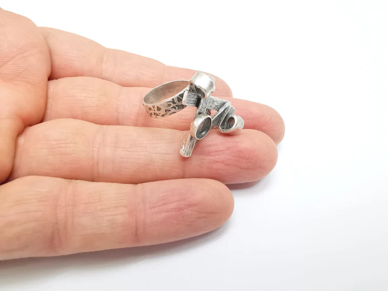 Silver Ring Setting, Cabochon Blank, Resin Bezel, Round Ring Mounting, Epoxy Frame Base, Adjustable Antique Silver Plated Brass 6mm G35244