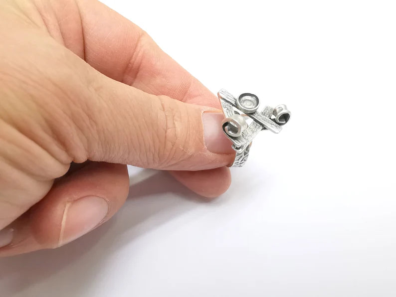 Silver Ring Setting, Cabochon Blank, Resin Bezel, Round Ring Mounting, Epoxy Frame Base, Adjustable Antique Silver Plated Brass 6mm G35244