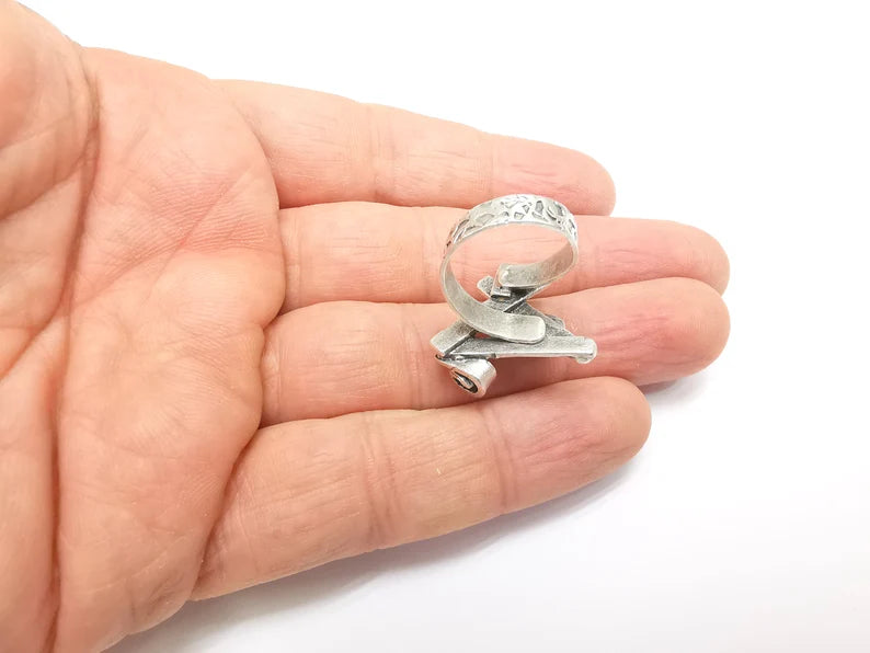 Silver Ring Setting, Cabochon Blank, Resin Bezel, Round Ring Mounting, Epoxy Frame Base, Adjustable Antique Silver Plated Brass 6mm G35244