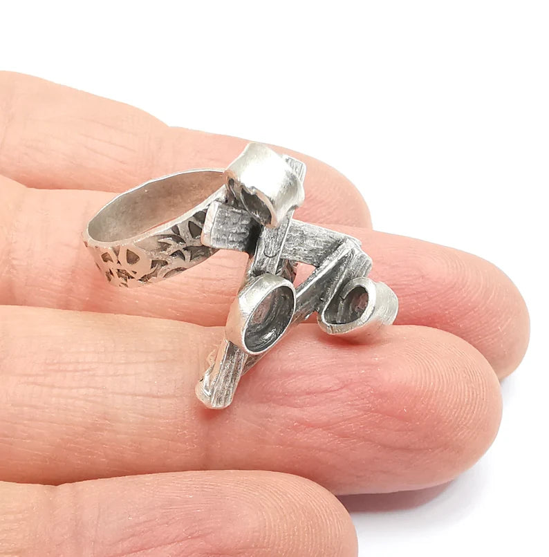 Silver Ring Setting, Cabochon Blank, Resin Bezel, Round Ring Mounting, Epoxy Frame Base, Adjustable Antique Silver Plated Brass 6mm G35244