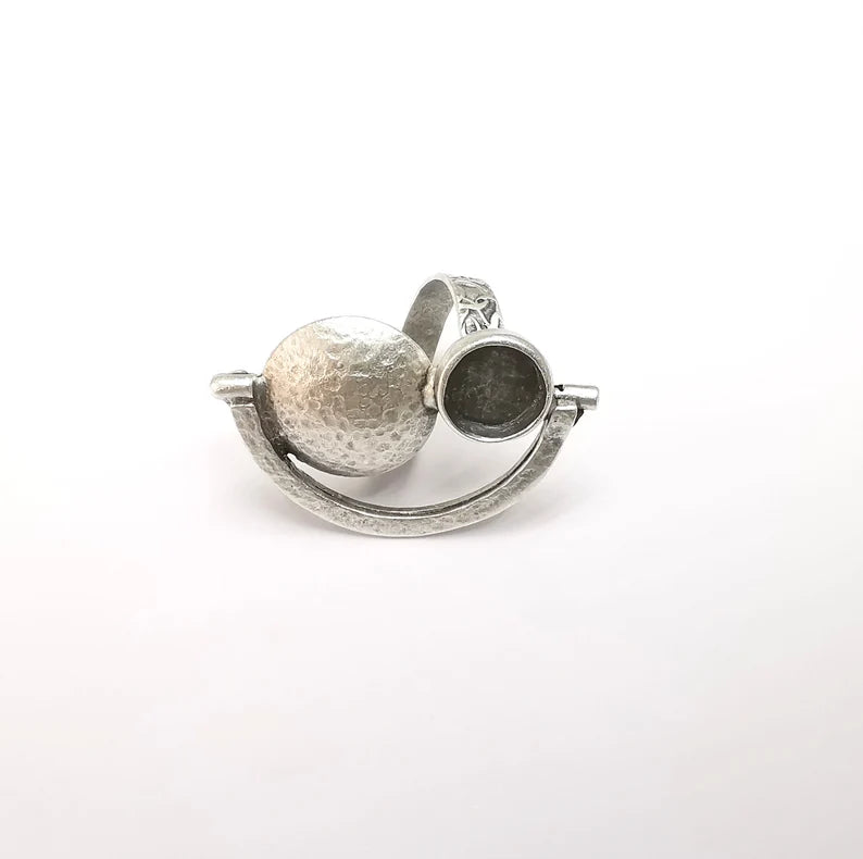 Silver Ring Setting, Cabochon Blank, Resin Bezel, Round Ring Mounting, Epoxy Frame Base, Adjustable Antique Silver Plated Brass 10mm G35246