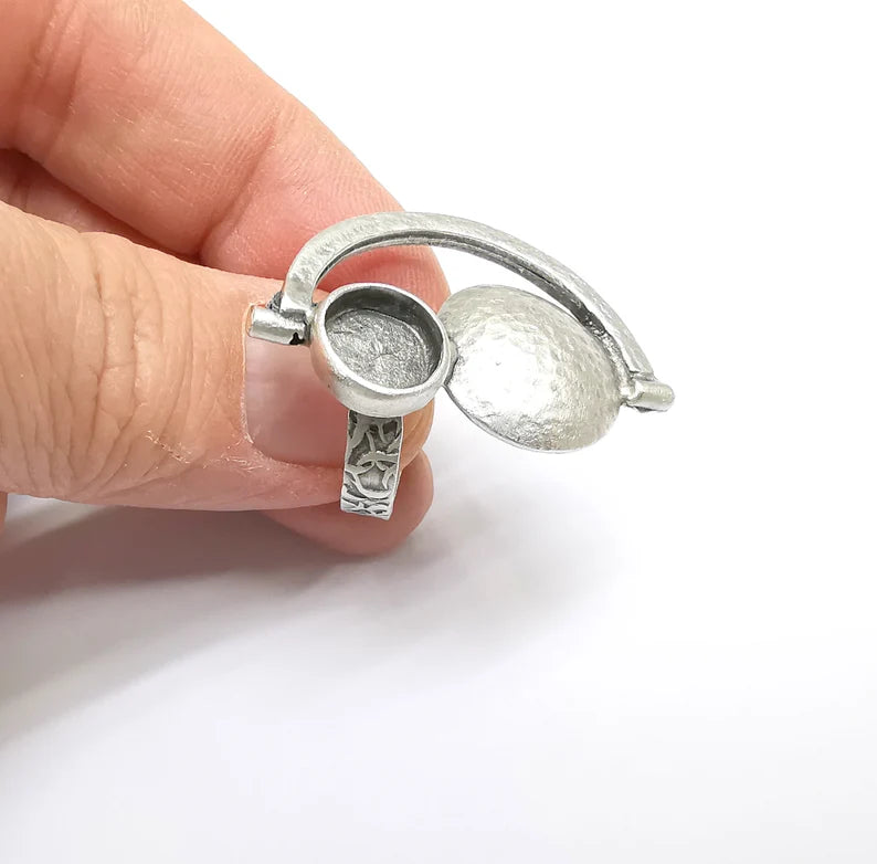 Silver Ring Setting, Cabochon Blank, Resin Bezel, Round Ring Mounting, Epoxy Frame Base, Adjustable Antique Silver Plated Brass 10mm G35246
