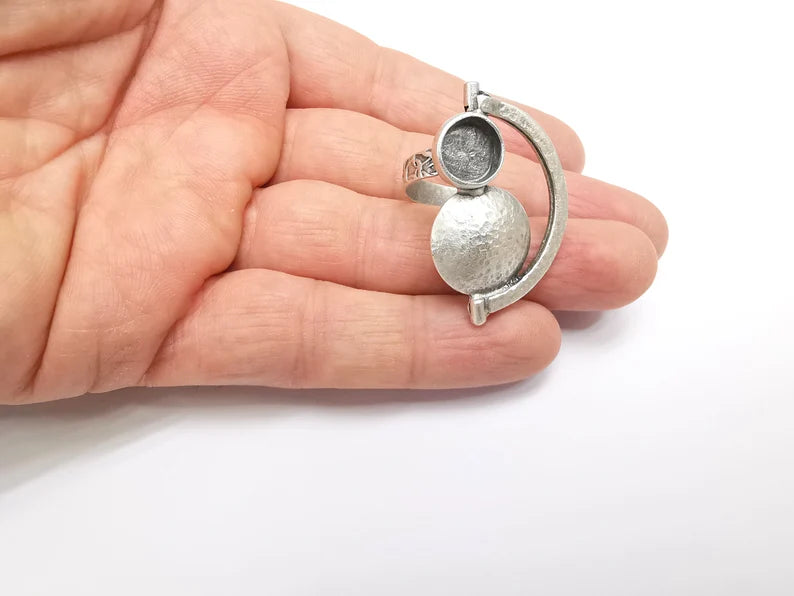 Silver Ring Setting, Cabochon Blank, Resin Bezel, Round Ring Mounting, Epoxy Frame Base, Adjustable Antique Silver Plated Brass 10mm G35246