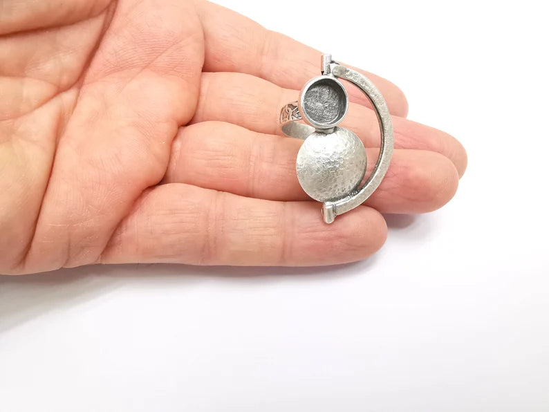 Silver Ring Setting, Cabochon Blank, Resin Bezel, Round Ring Mounting, Epoxy Frame Base, Adjustable Antique Silver Plated Brass 10mm G35246