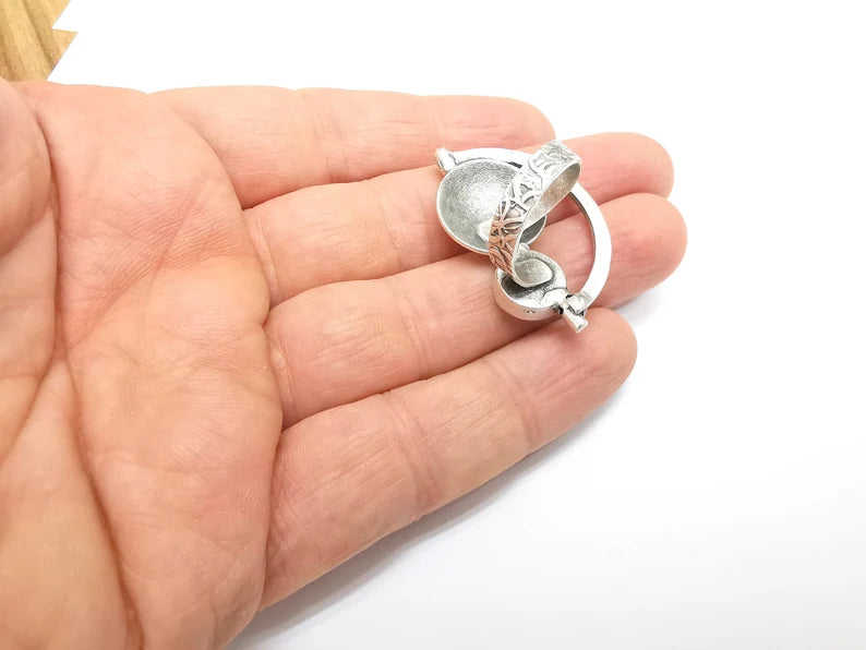 Silver Ring Setting, Cabochon Blank, Resin Bezel, Round Ring Mounting, Epoxy Frame Base, Adjustable Antique Silver Plated Brass 10mm G35246