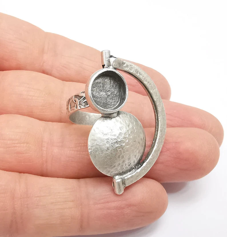 Silver Ring Setting, Cabochon Blank, Resin Bezel, Round Ring Mounting, Epoxy Frame Base, Adjustable Antique Silver Plated Brass 10mm G35246
