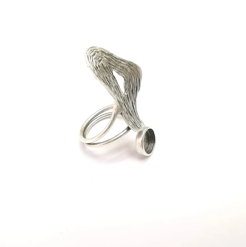 Silver Ring Setting, Cabochon Blank, Resin Bezel, Round Ring Mounting, Epoxy Frame Base, Adjustable Antique Silver Plated Brass 8mm G35247