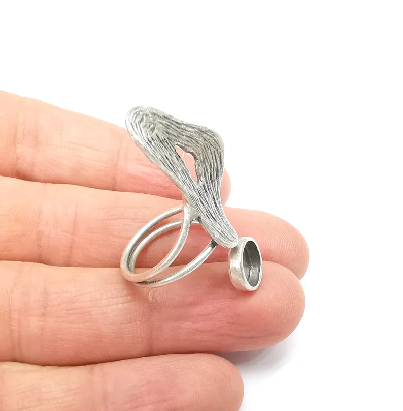 Silver Ring Setting, Cabochon Blank, Resin Bezel, Round Ring Mounting, Epoxy Frame Base, Adjustable Antique Silver Plated Brass 8mm G35247