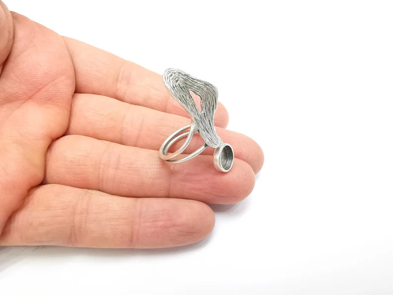 Silver Ring Setting, Cabochon Blank, Resin Bezel, Round Ring Mounting, Epoxy Frame Base, Adjustable Antique Silver Plated Brass 8mm G35247