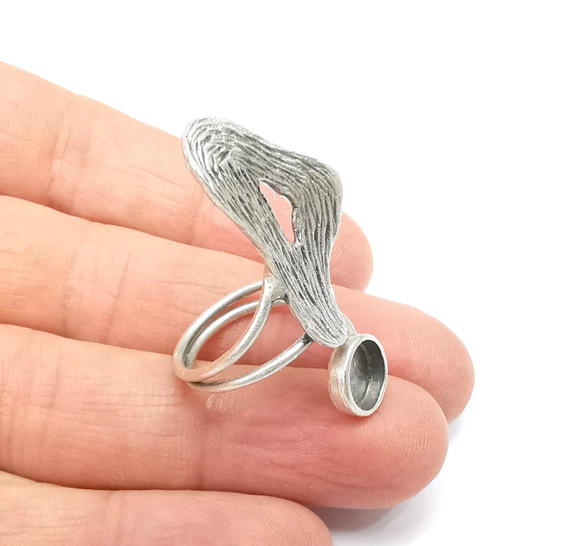 Silver Ring Setting, Cabochon Blank, Resin Bezel, Round Ring Mounting, Epoxy Frame Base, Adjustable Antique Silver Plated Brass 8mm G35247