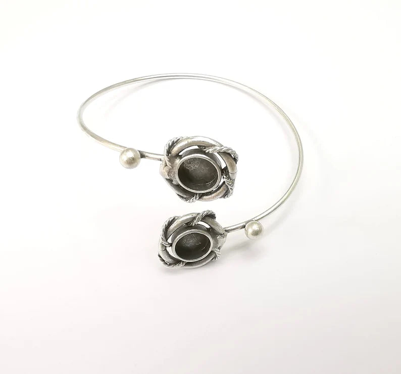 Wire Wrapped Bracelet, Silver Cuff, Bangle Bezel, Resin Blank, Wristband Cabochon Base, Adjustable Antique Silver Brass (8mm) G35415