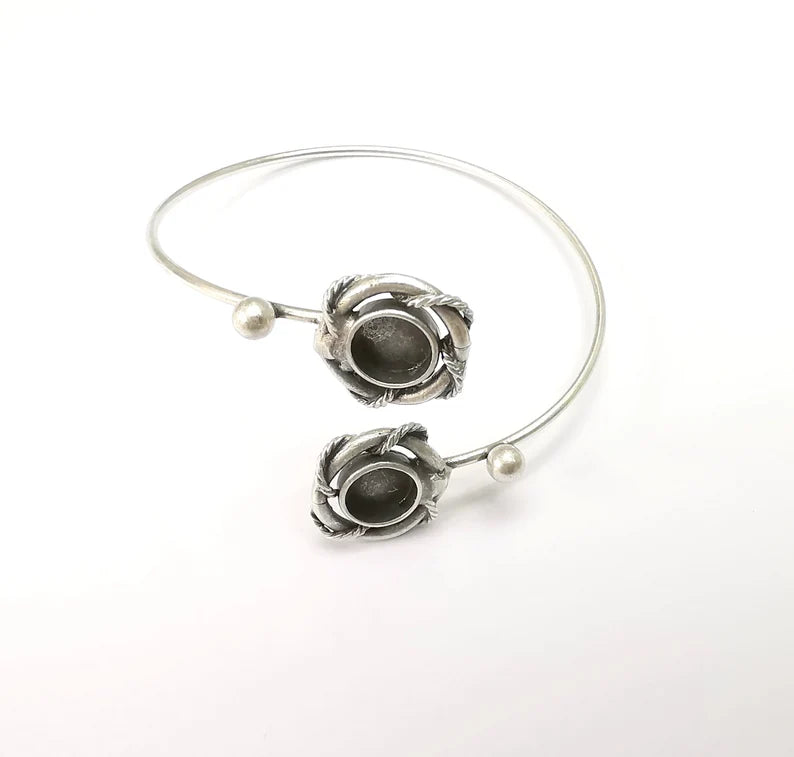 Wire Wrapped Bracelet, Silver Cuff, Bangle Bezel, Resin Blank, Wristband Cabochon Base, Adjustable Antique Silver Brass (8mm) G35415