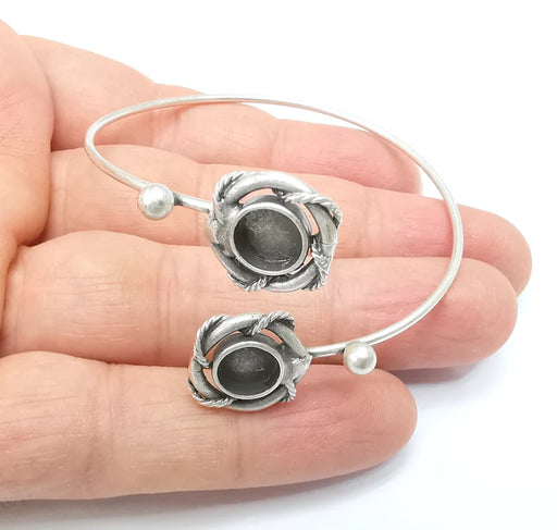 Wire Wrapped Bracelet, Silver Cuff, Bangle Bezel, Resin Blank, Wristband Cabochon Base, Adjustable Antique Silver Brass (8mm) G35415