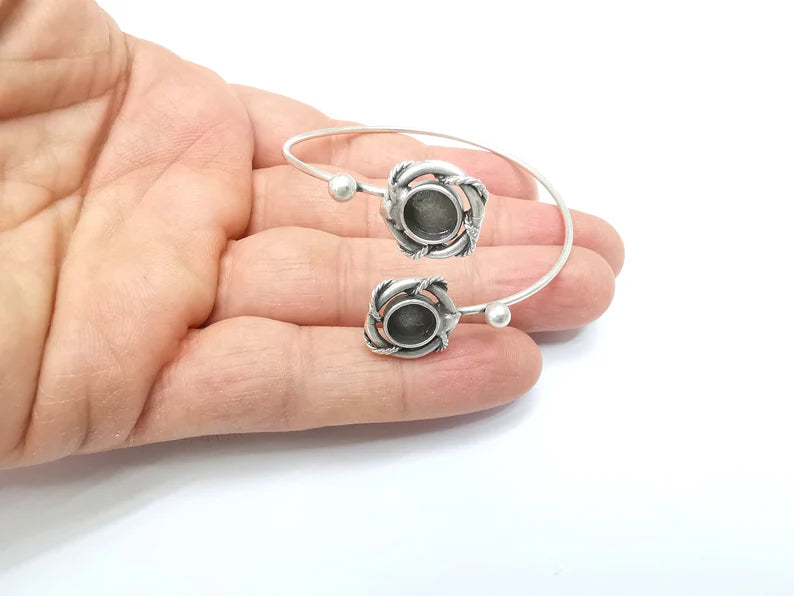 Wire Wrapped Bracelet, Silver Cuff, Bangle Bezel, Resin Blank, Wristband Cabochon Base, Adjustable Antique Silver Brass (8mm) G35415