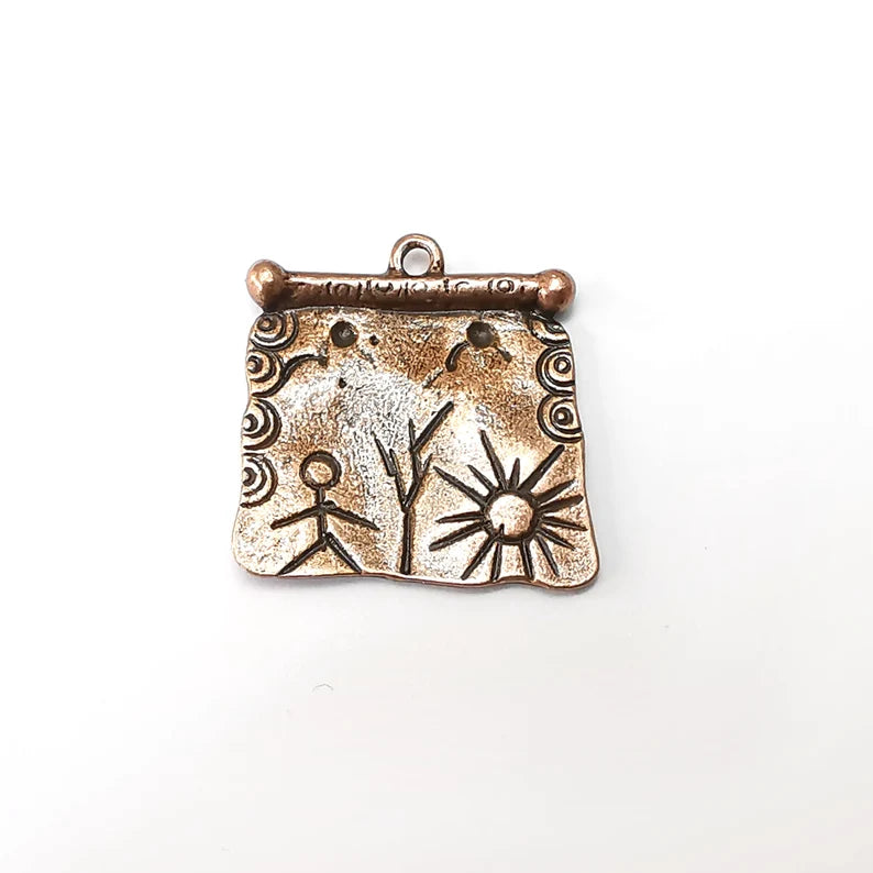 Copper Dangle Charms, Boho Sun Charms, Rustic Charms, Earring Charms, Copper Pendant, Necklace Parts, Antique Copper Plated 26x25mm G35249