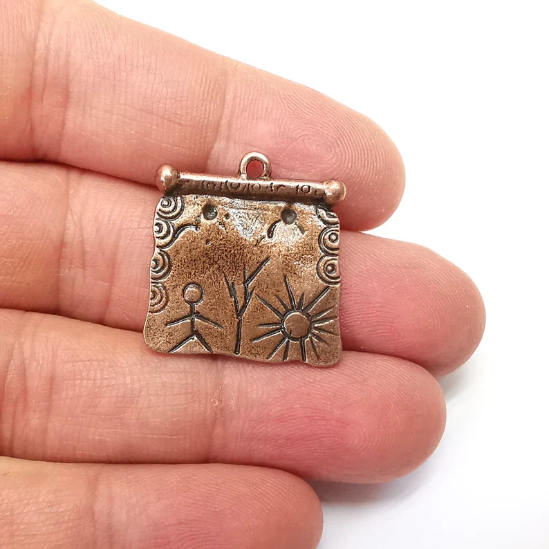 Copper Dangle Charms, Boho Sun Charms, Rustic Charms, Earring Charms, Copper Pendant, Necklace Parts, Antique Copper Plated 26x25mm G35249