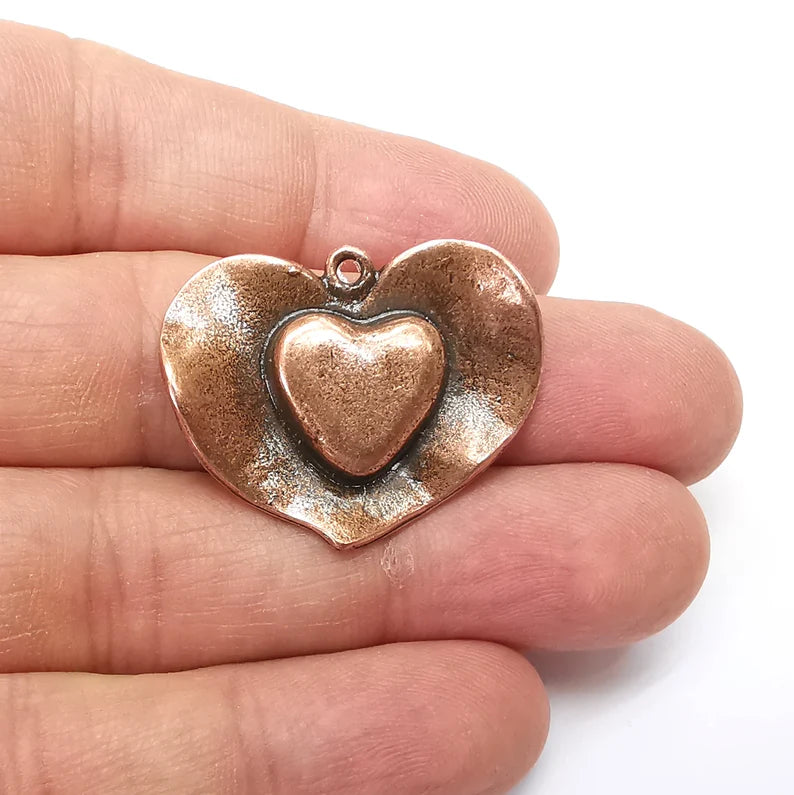Heart Charms, Boho Charms, Love Charms, Dangle Earring Charms, Copper Pendant, Necklace Parts, Antique Copper Plated 34x27mm G35253