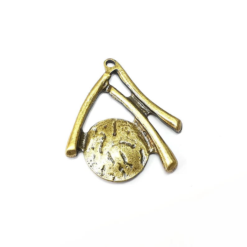 Gong Dangle Charms, Asian Charms, Rustic Charms, Earring Charms, Bronze Pendant, Necklace Parts, Antique Bronze Plated 42x38mm G35255