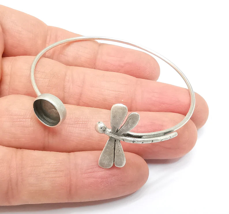 Dragonfly Bracelet Blank, Silver Cuff, Bangle Bezel, Resin Blank, Wristband Cabochon Base, Adjustable Antique Silver Brass (10mm) G35434