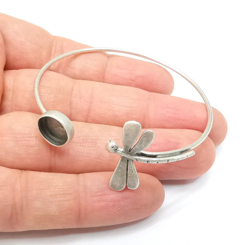 Dragonfly Bracelet Blank, Silver Cuff, Bangle Bezel, Resin Blank, Wristband Cabochon Base, Adjustable Antique Silver Brass (10mm) G35434