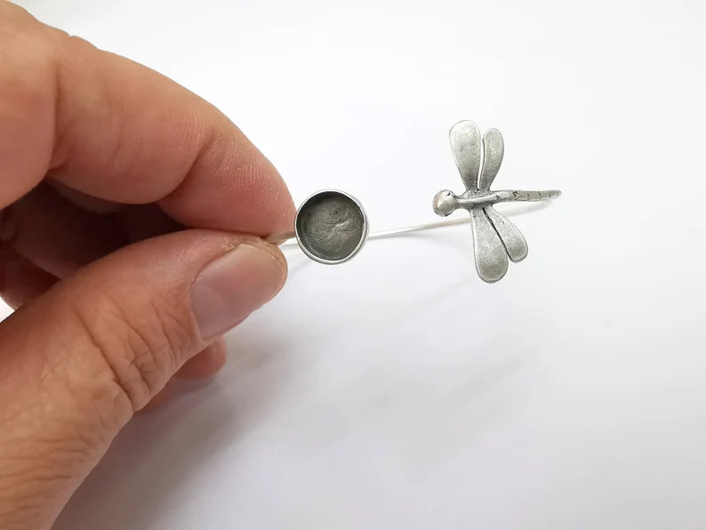Dragonfly Bracelet Blank, Silver Cuff, Bangle Bezel, Resin Blank, Wristband Cabochon Base, Adjustable Antique Silver Brass (10mm) G35434