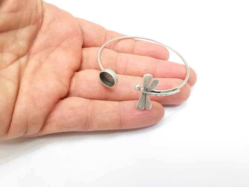 Dragonfly Bracelet Blank, Silver Cuff, Bangle Bezel, Resin Blank, Wristband Cabochon Base, Adjustable Antique Silver Brass (10mm) G35434