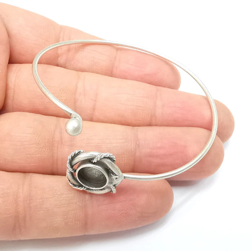 Wire Wrapped Ball Bracelet, Silver Cuff, Bangle Bezel, Resin Blank, Wristband Cabochon Base, Adjustable Antique Silver Brass (8mm) G35438