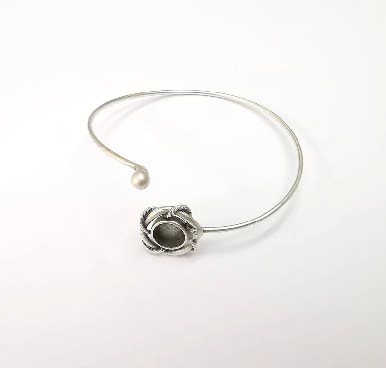 Wire Wrapped Ball Bracelet, Silver Cuff, Bangle Bezel, Resin Blank, Wristband Cabochon Base, Adjustable Antique Silver Brass (8mm) G35438