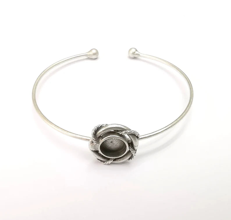 Wire Wrapped Ball Bracelet, Silver Cuff, Bangle Bezel, Resin Blank, Wristband Cabochon Base, Adjustable Antique Silver Brass (8mm) G35442