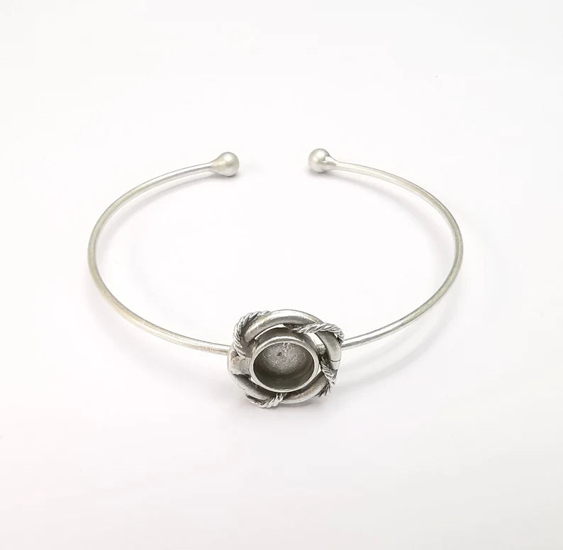 Wire Wrapped Ball Bracelet, Silver Cuff, Bangle Bezel, Resin Blank, Wristband Cabochon Base, Adjustable Antique Silver Brass (8mm) G35442