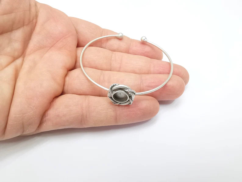 Wire Wrapped Ball Bracelet, Silver Cuff, Bangle Bezel, Resin Blank, Wristband Cabochon Base, Adjustable Antique Silver Brass (8mm) G35442