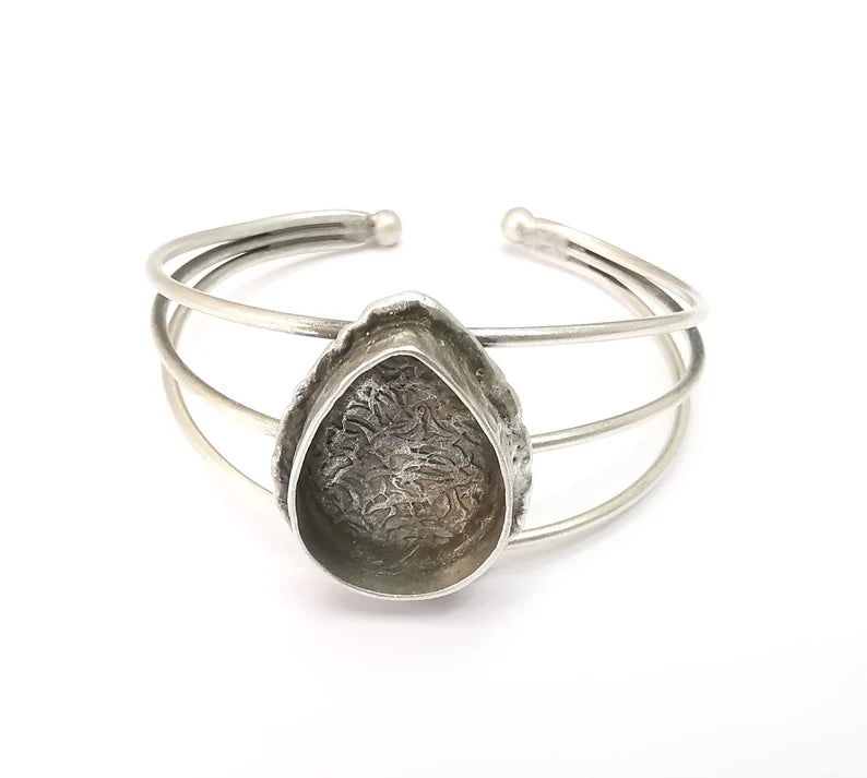 Silver Bracelet Blank, Silver Cuff, Bangle Bezel, Resin Base, Wristband Cabochon Base, Adjustable Antique Silver Brass 25x18mm G35443