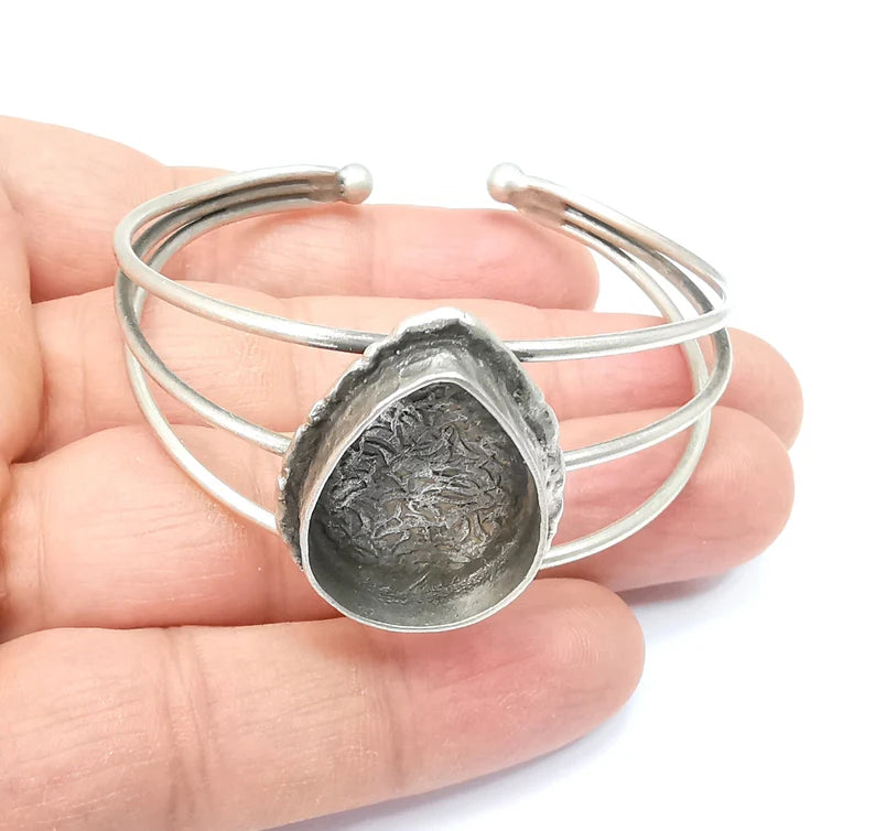 Silver Bracelet Blank, Silver Cuff, Bangle Bezel, Resin Base, Wristband Cabochon Base, Adjustable Antique Silver Brass 25x18mm G35443