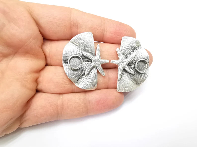 Starfish Earring Base, Earring Blank, Ear Settings Bezel, Resin Blank, Cabochon Mountings, Antique Silver Plated Brass (8mm blanks) G35446