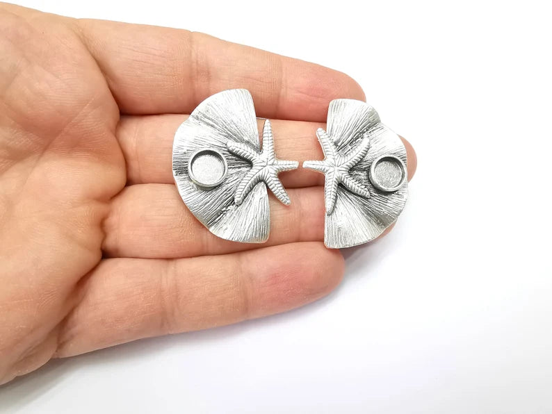 Starfish Earring Base, Earring Blank, Ear Settings Bezel, Resin Blank, Cabochon Mountings, Antique Silver Plated Brass (8mm blanks) G35446