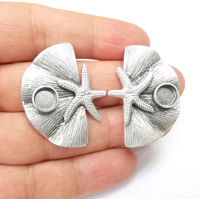 Starfish Earring Base, Earring Blank, Ear Settings Bezel, Resin Blank, Cabochon Mountings, Antique Silver Plated Brass (8mm blanks) G35446