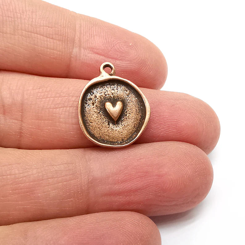 2 Copper Heart Charms, Boho Charms, Dangle Charms, Earring Charms, Rustic Charms, Necklace Parts, Antique Copper Plated 20x17mm G35452