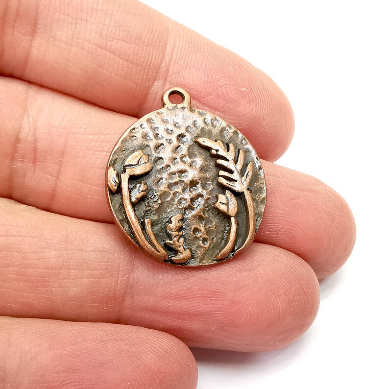 Flower Charms, Plant Charm, Garden Charm, Spring Charms, Round Disc Charms, Earring Parts, Antique Copper Plated 28x25mm  G21851