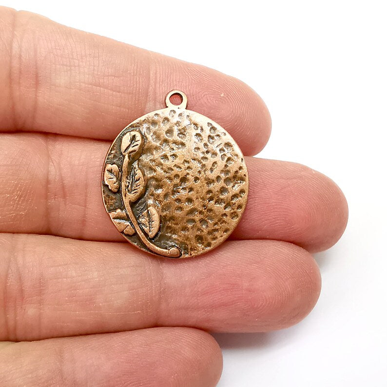 Flower Charms, Plant Charm, Leaves Charm, Spring Charms, Round Disc Charms, Earring Parts, Antique Copper Plated 30x26mm G35456