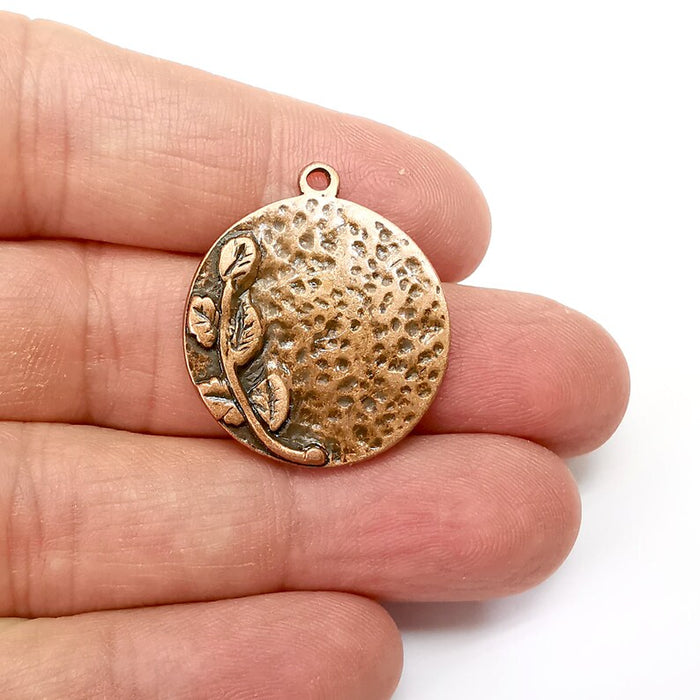 Flower Charms, Plant Charm, Leaves Charm, Spring Charms, Round Disc Charms, Earring Parts, Antique Copper Plated 30x26mm G35456