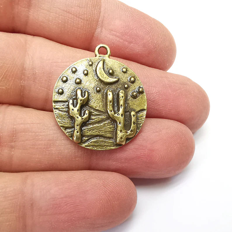 Desert Charms, Cactus Charm, Dune Charm, Desert Night Charms, Crescent Star Charms, Earring Parts, Antique Bronze Plated 28x25mm G35264