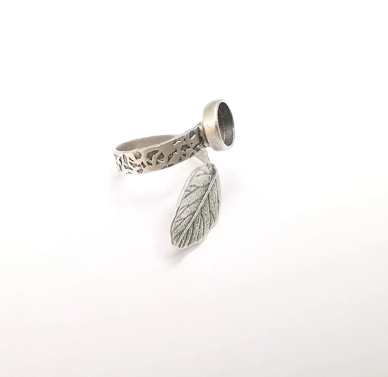 Leaf Ring Setting, Cabochon Blank, Resin Bezel, Round Ring Mounting, Epoxy Frame Base, Adjustable Antique Silver Plated Brass 8mm G35272
