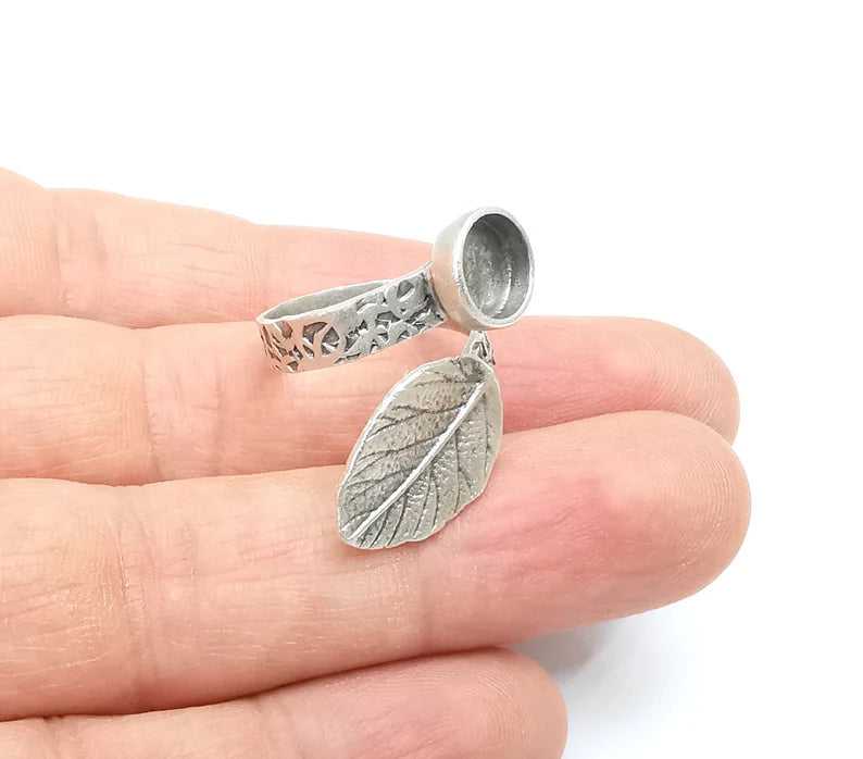 Leaf Ring Setting, Cabochon Blank, Resin Bezel, Round Ring Mounting, Epoxy Frame Base, Adjustable Antique Silver Plated Brass 8mm G35272